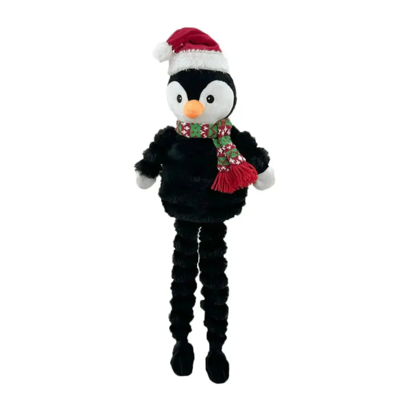Plush penguin toy wearing a Santa hat and scarf on a white background
