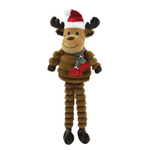 Plush reindeer toy with a Santa hat and scarf on a white background
