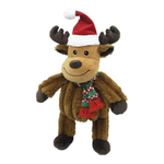 Plush reindeer toy wearing a Santa hat and scarf on a white background