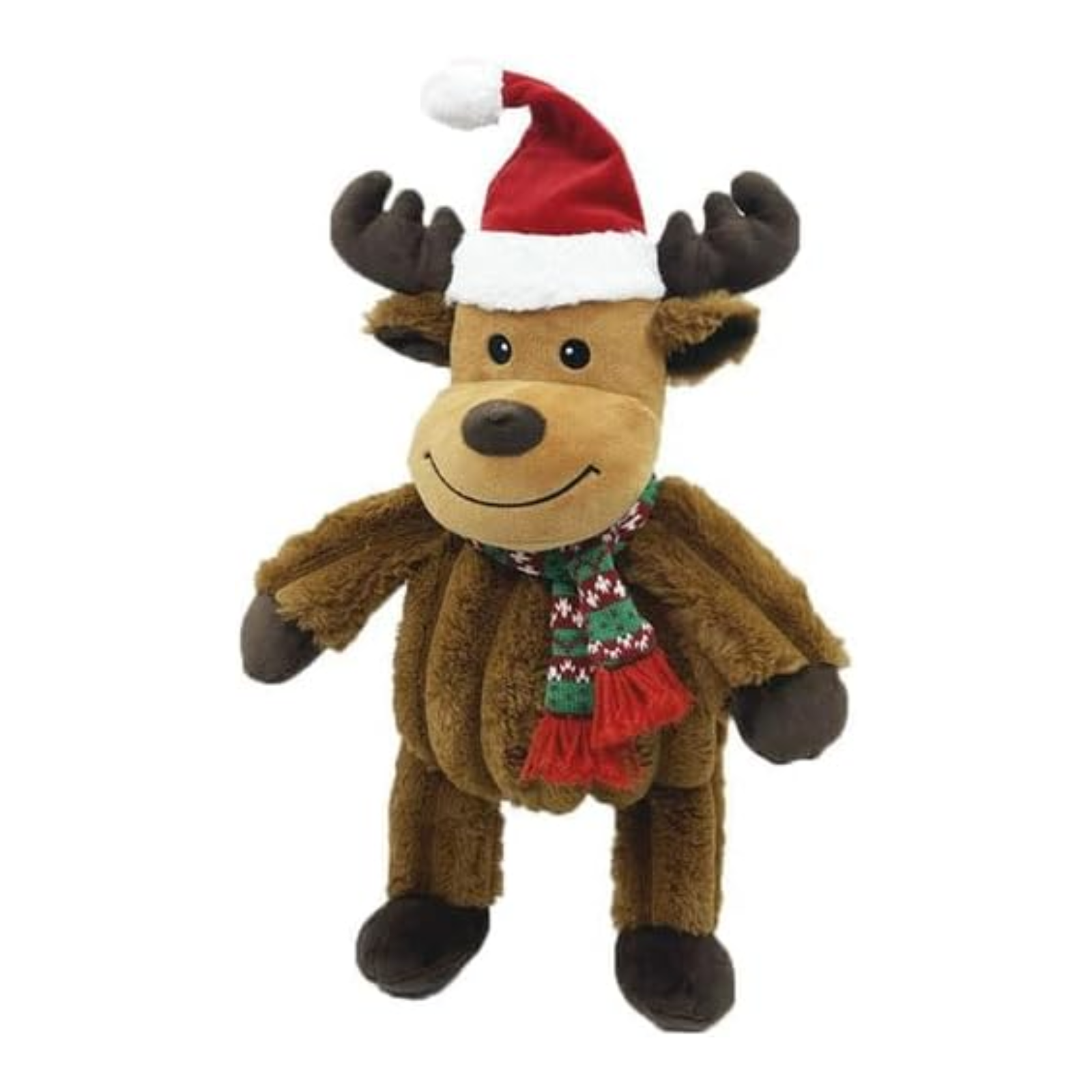 Plush reindeer toy wearing a Santa hat and scarf on a white background