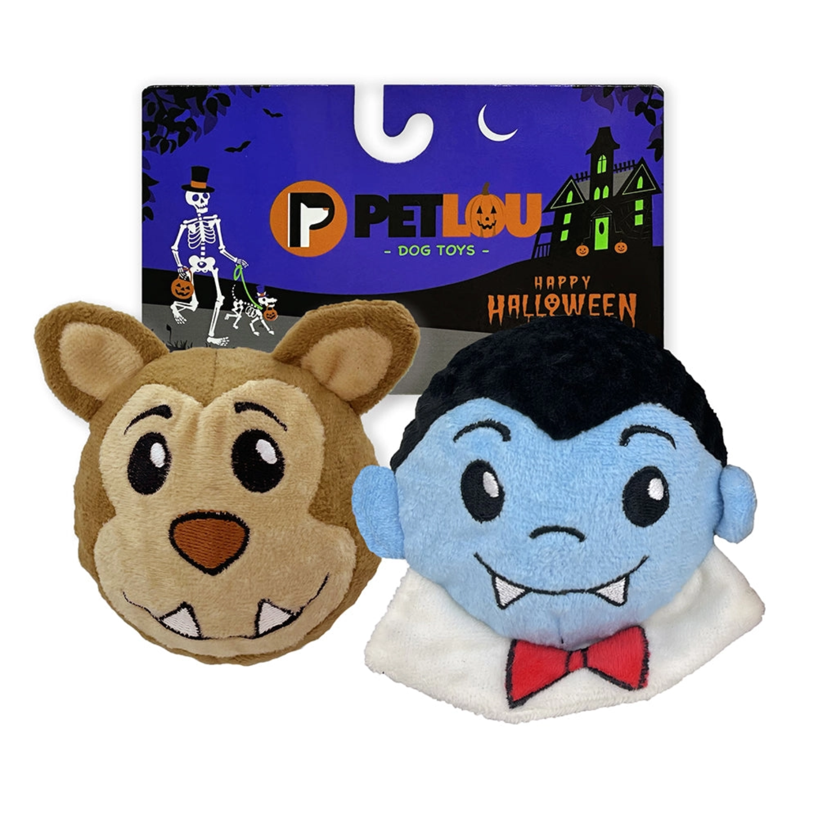Two Halloween-themed plush dog toys in front of their branded retail packaging. The left toy is a brown bear head with embroidered eyes, nose, and fangs.