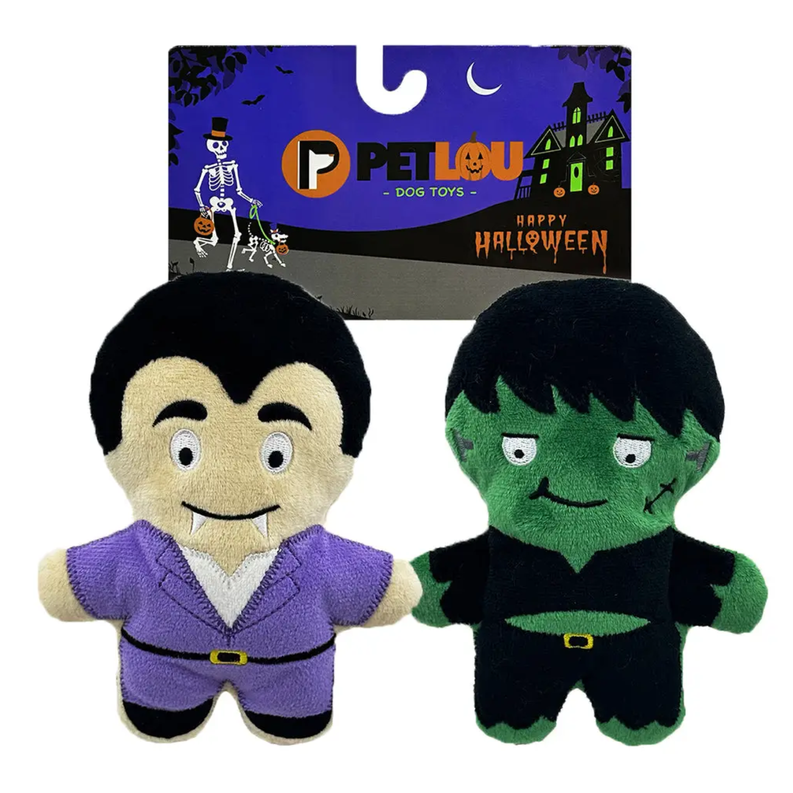 Two plush Halloween dog toys on a white background with their retail card. The left toy is a vampire character with a purple suit, and the right toy is a green monster character in a black suit.