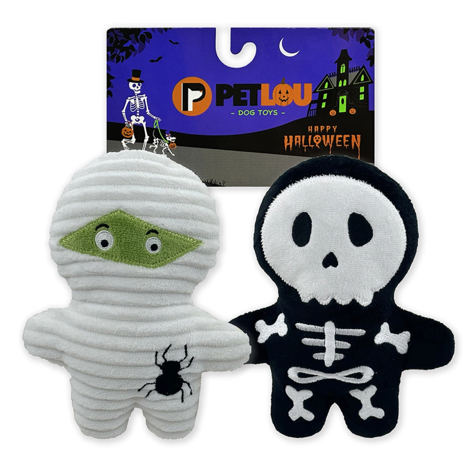 Two Halloween-themed plush dog toys displayed in front of their retail packaging. The left toy is a white mummy figure with a green eye patch and a black spider on its belly.