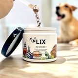 LIX Restore powder container with a spoon and a dog in the background