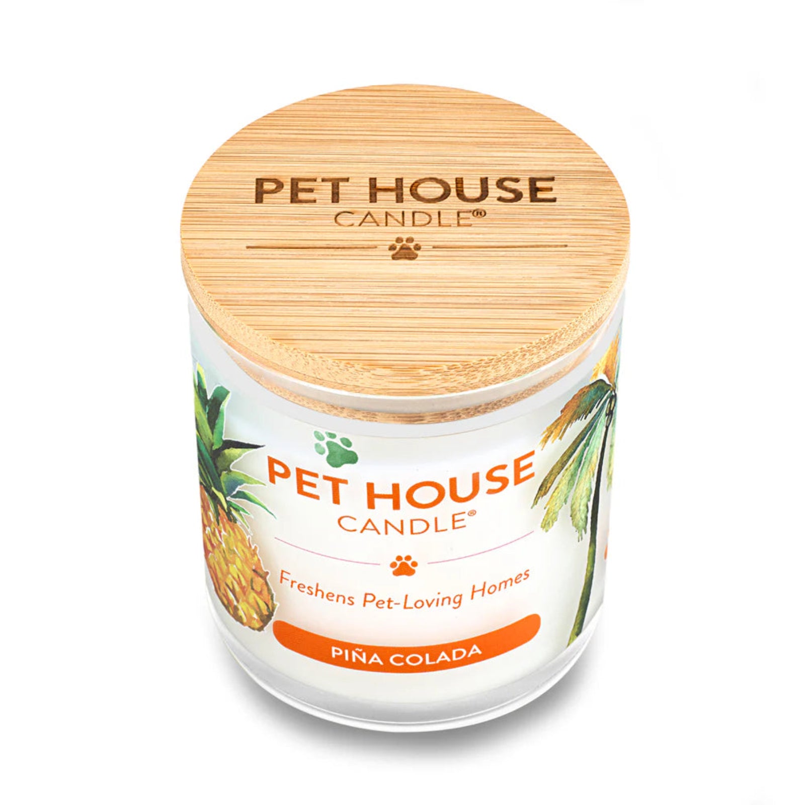 Pet House Candle with pineapple design and wooden lid on a white background
