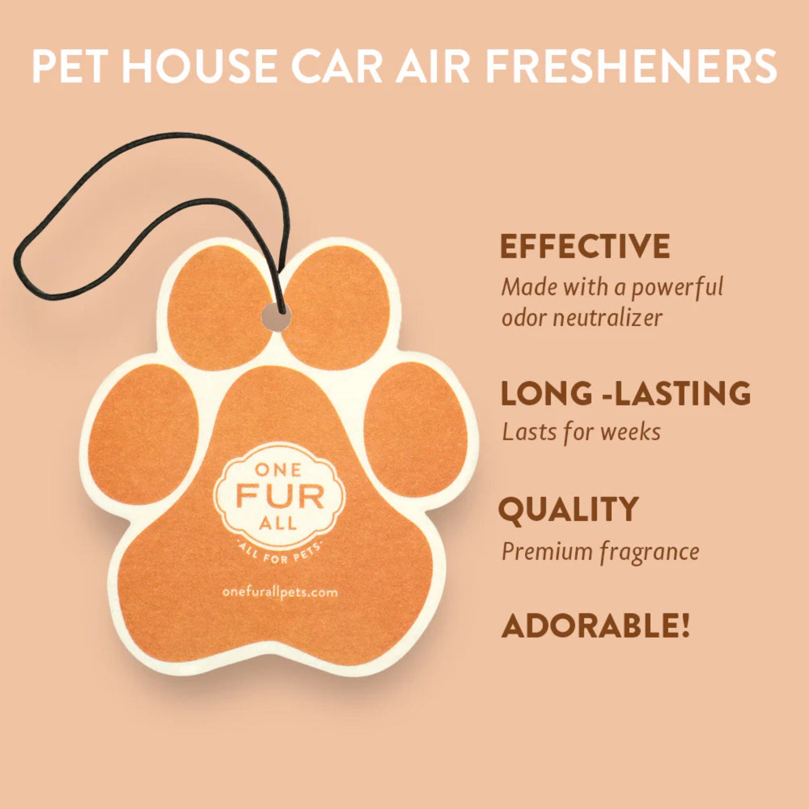 Pet house car air freshener with paw design and brand name on a beige background