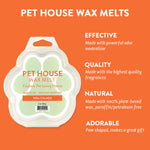 Pet house wax melts packaging with product details on an orange background