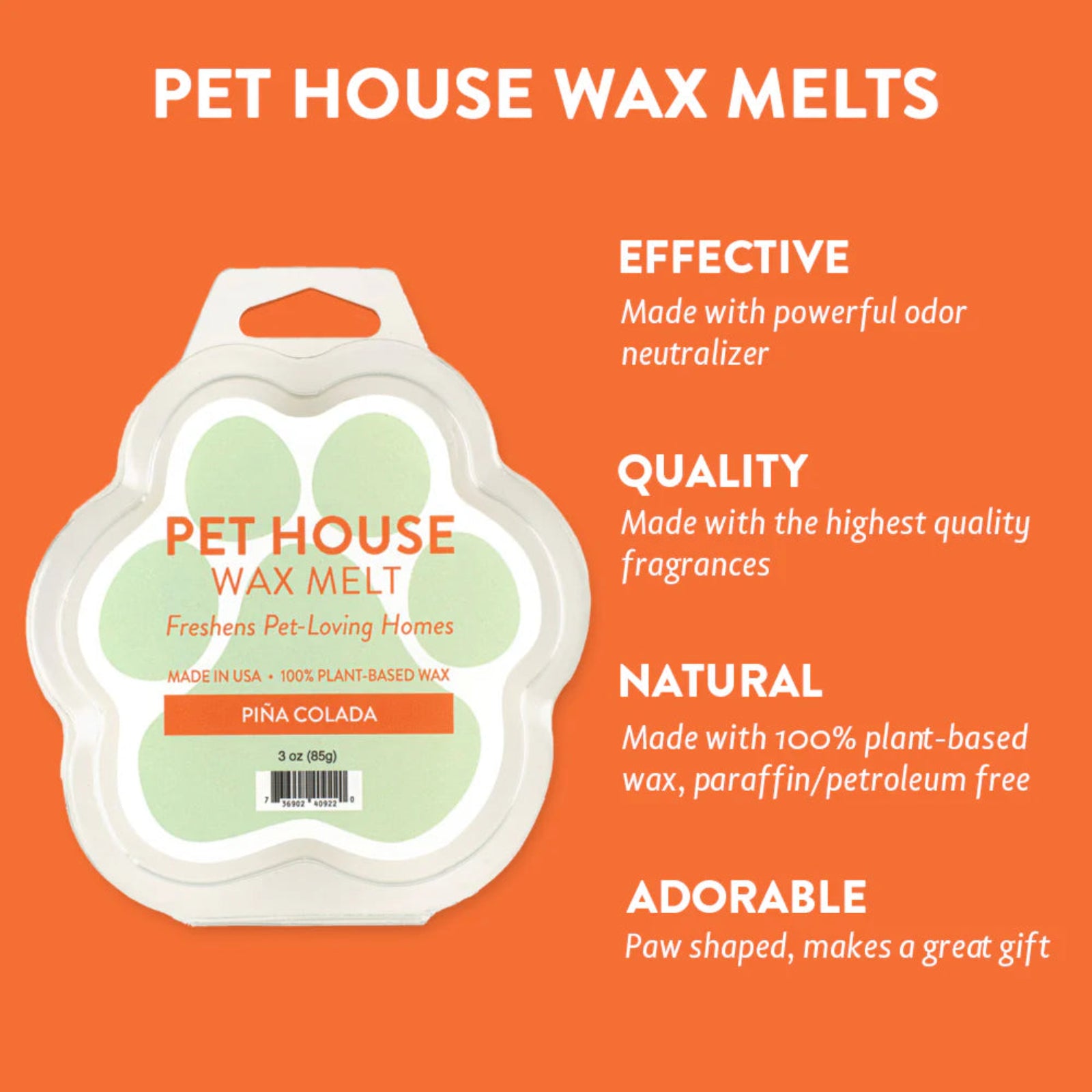 Pet house wax melts packaging with product details on an orange background