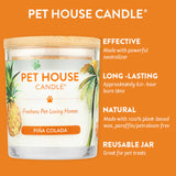 Pet House Candle Pina Colada with product features on an orange background