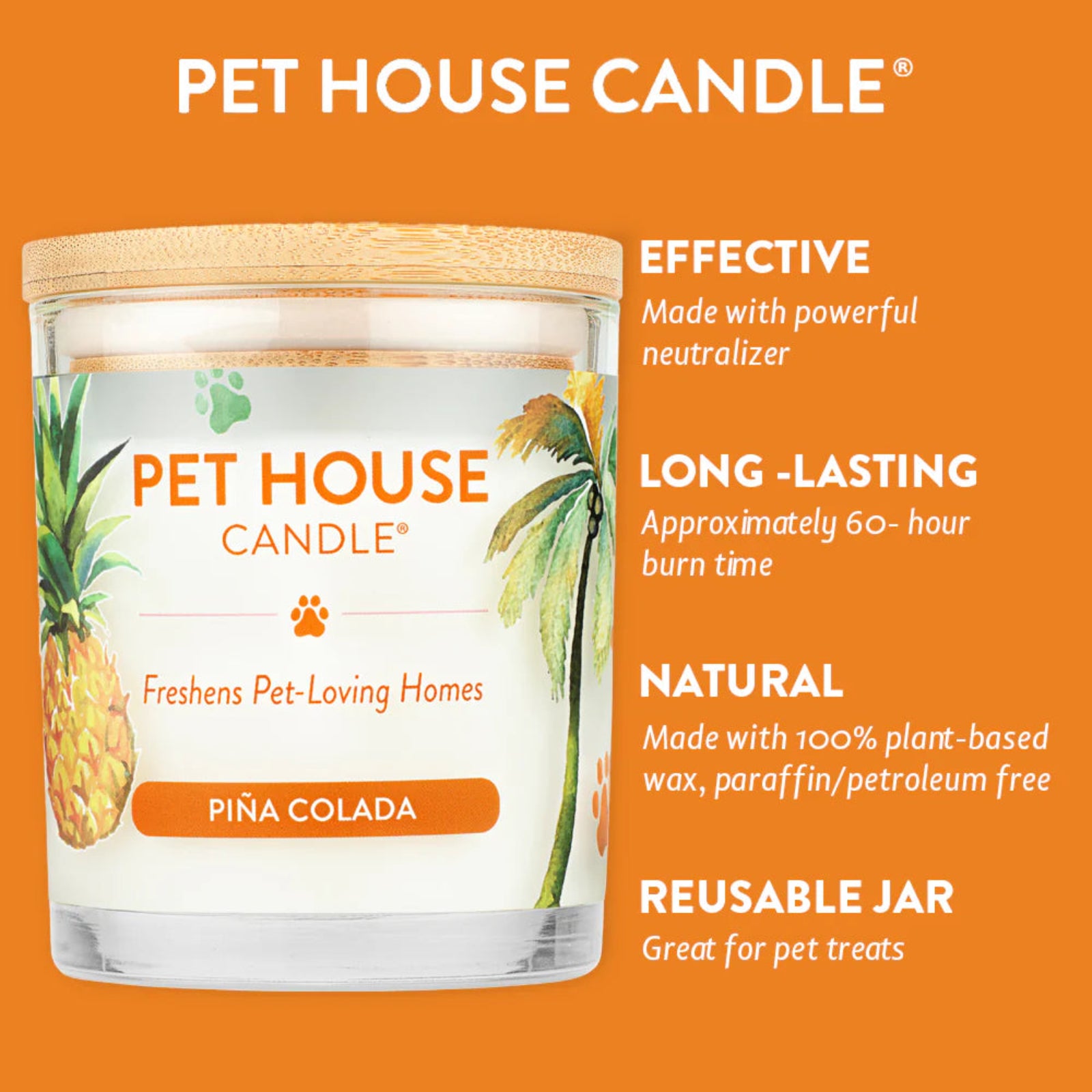 Pet House Candle Pina Colada with product features on an orange background