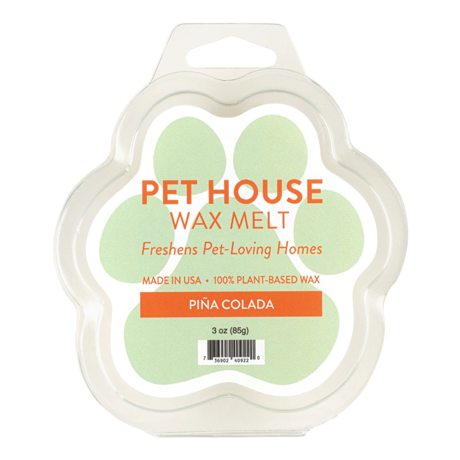Pet House Wax Melt packaging with paw shape and 'Pina Colada' flavor on a white background