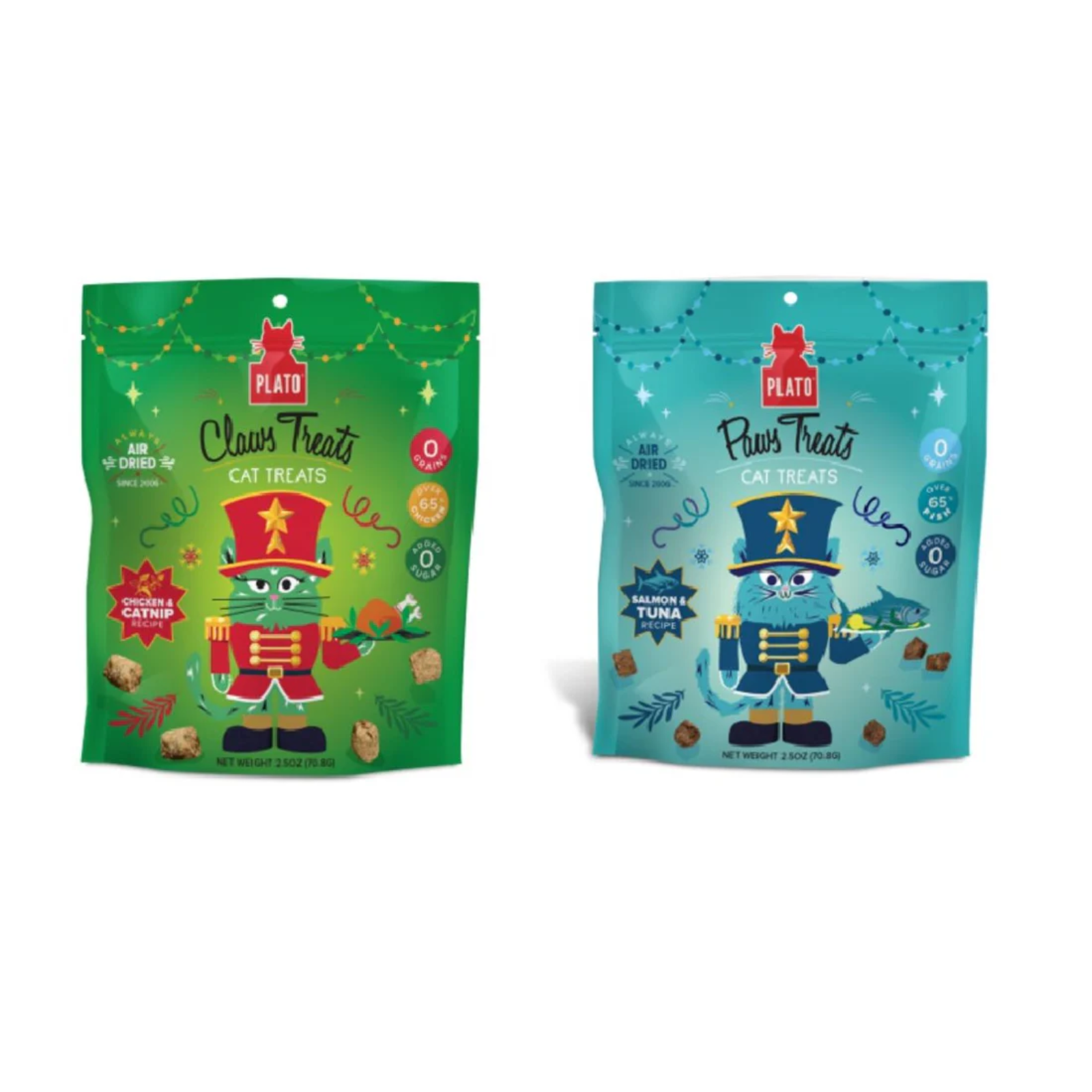 Two packages of Plát cat treats, one green and one blue, with cartoon cat characters on a white background.