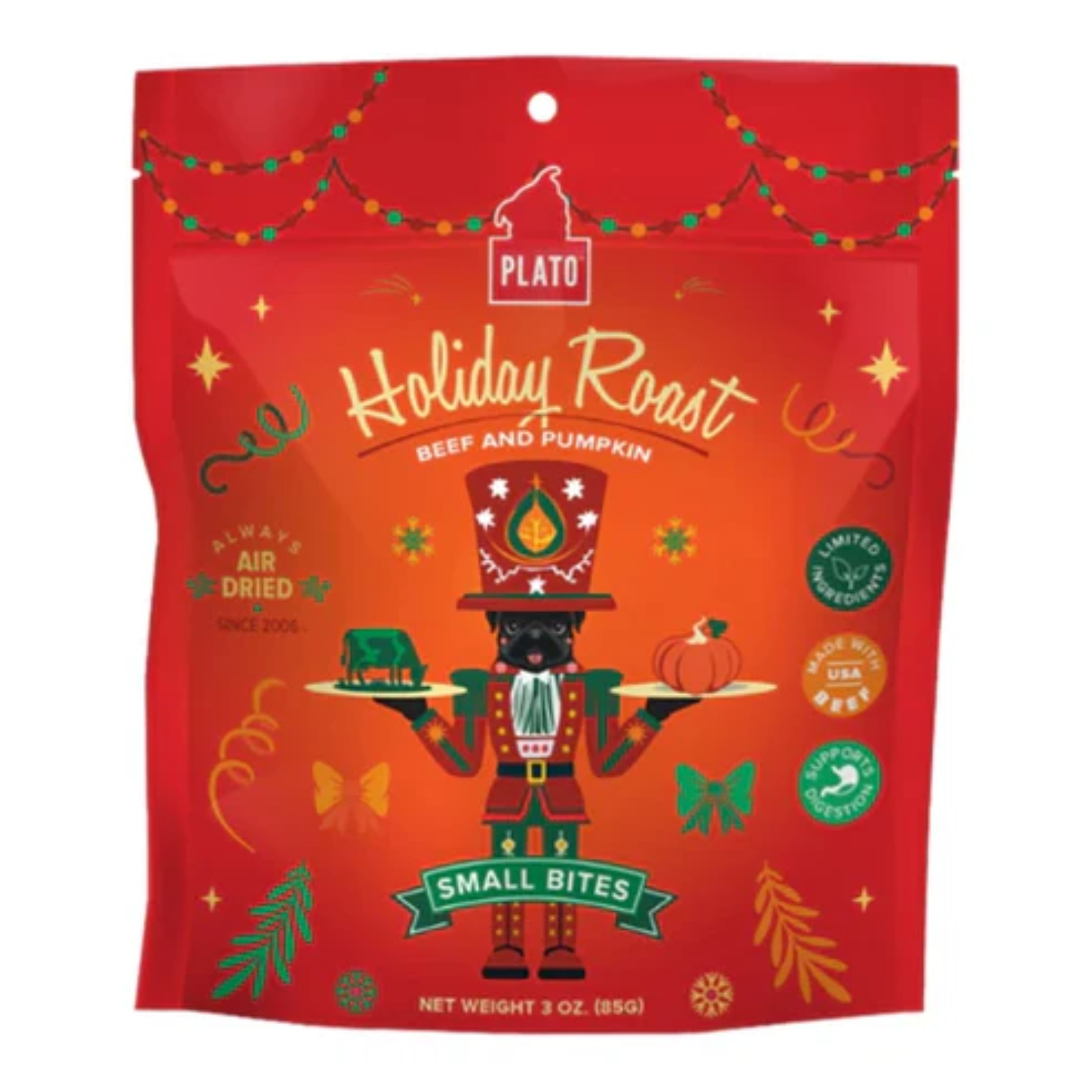 Red package of Plato Holiday Roast with festive design and nutcracker illustration.