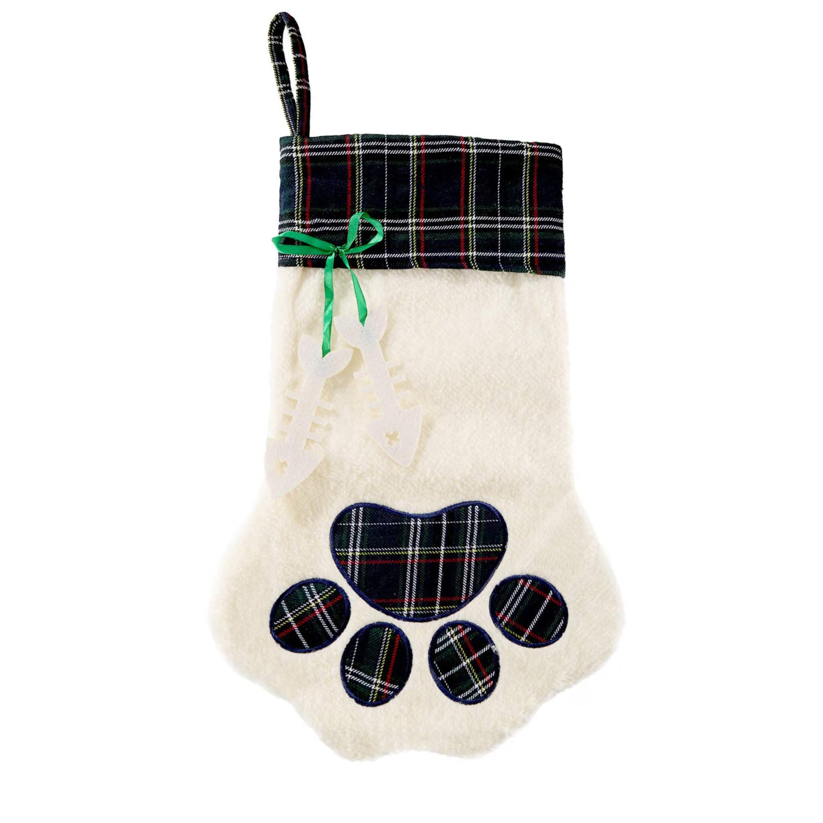 A pet Christmas stocking shaped like a paw print, made of cream faux fur with a navy plaid cuff, green ribbon bow, and matching plaid paw pads, shown on a white background.