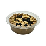 Container of pet food with various ingredients on a white background