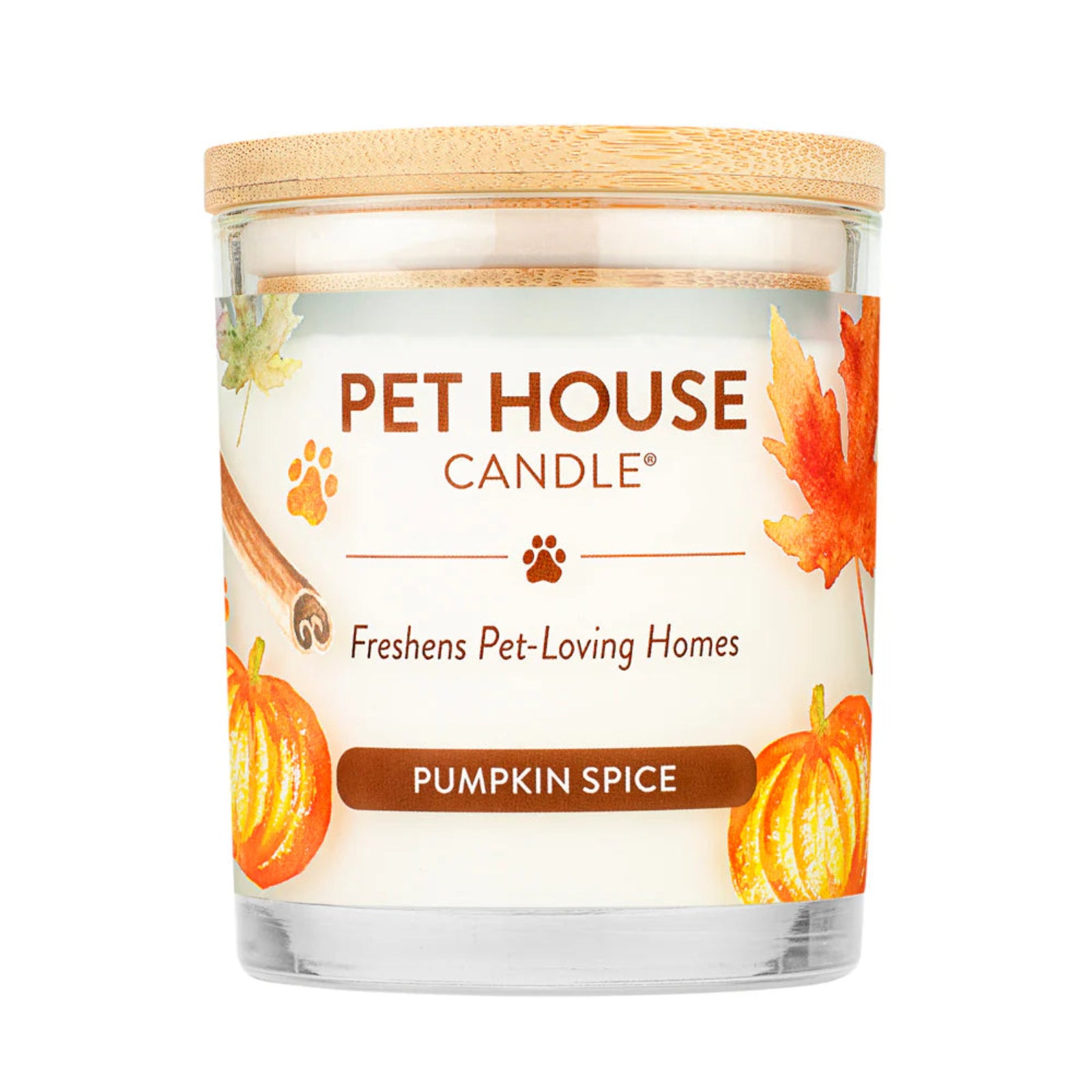 Pet House Candle with pumpkin spice label on a white background