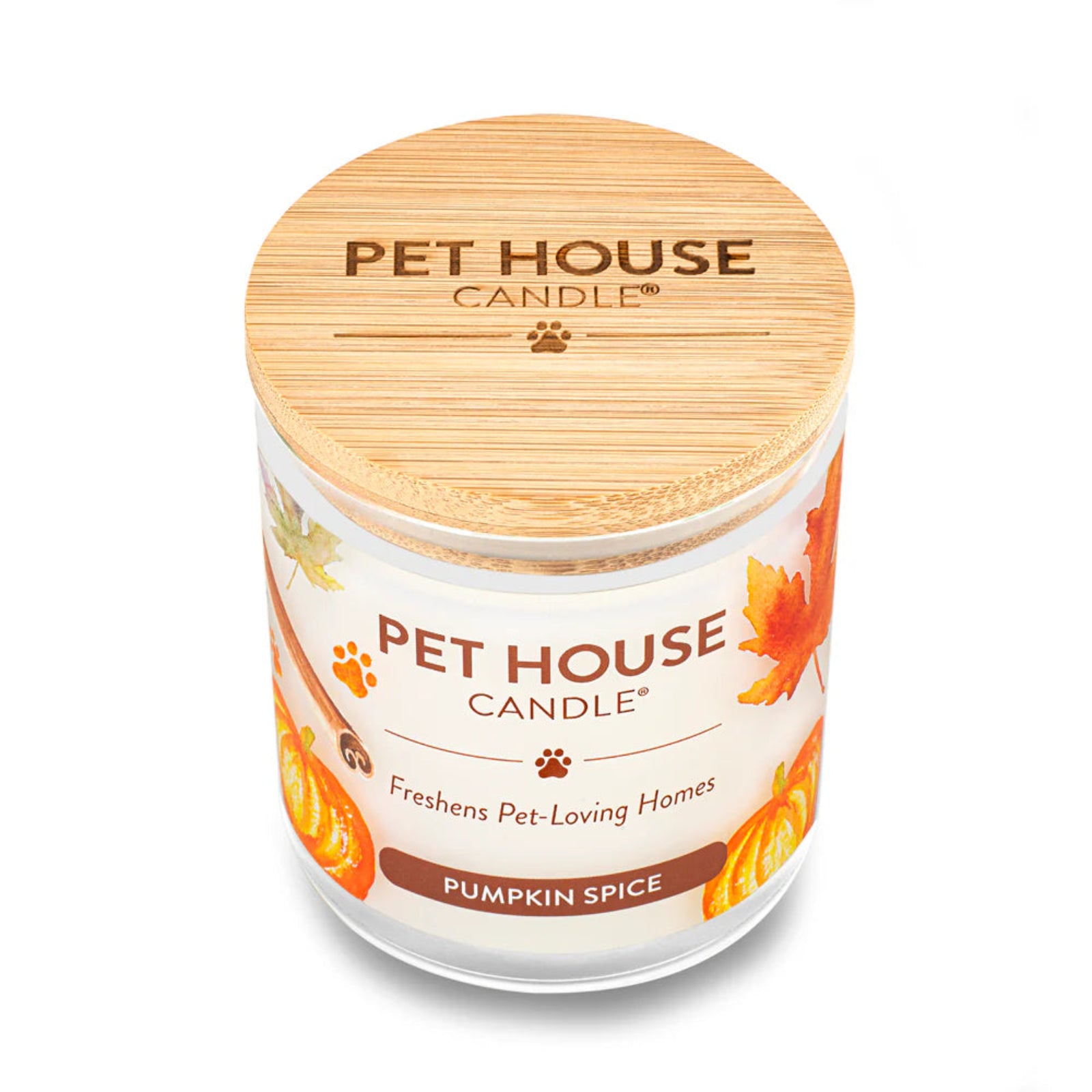 Pet House Candle with pumpkin spice scent on a white background