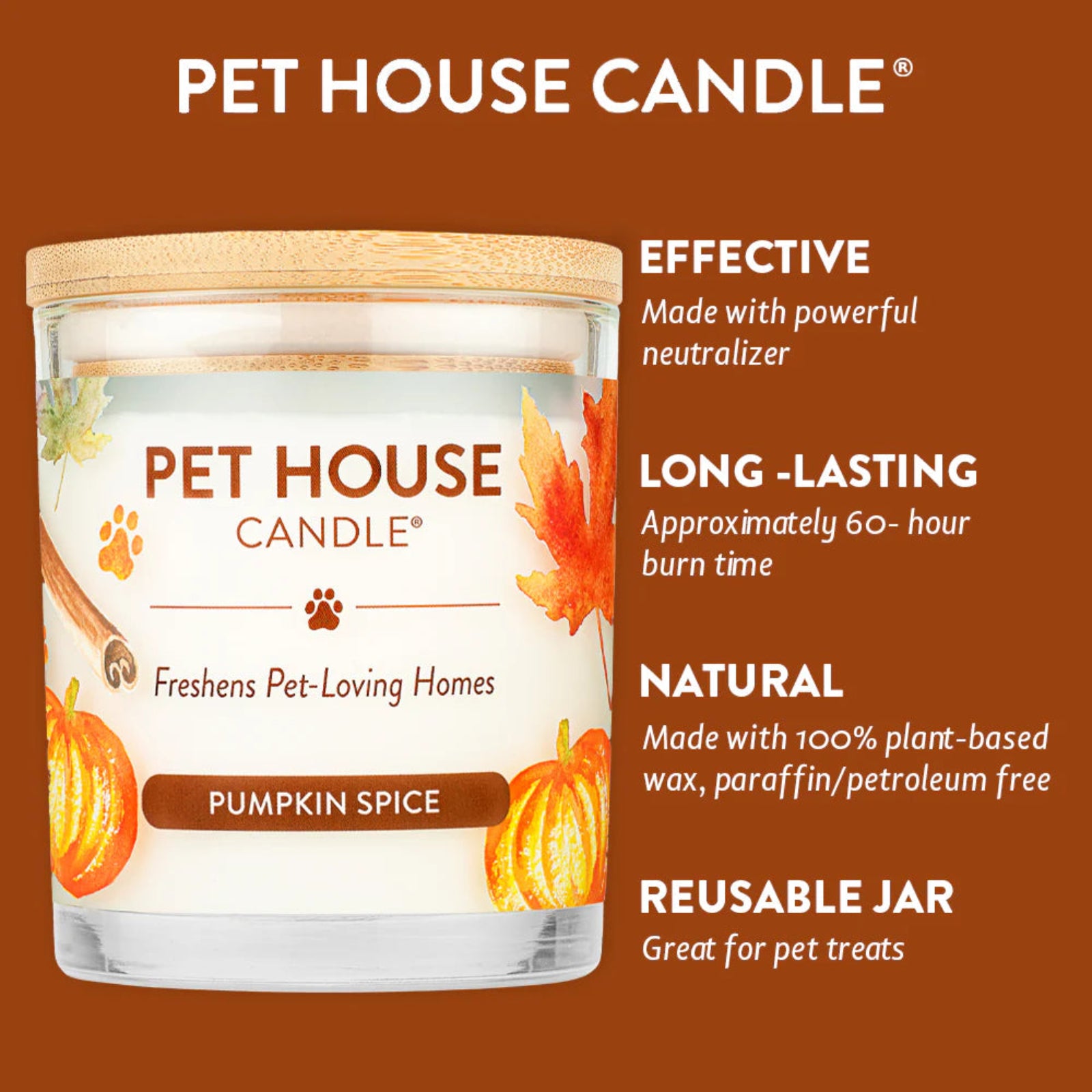 Pet House Candle with pumpkin spice scent on a brown background