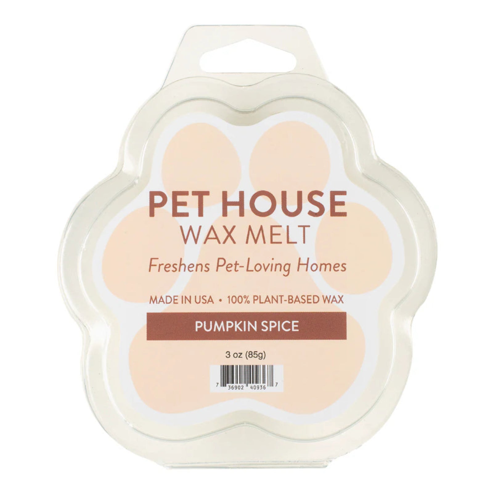Pet House Wax Melt packaging with paw shape and pumpkin spice flavor on a white background