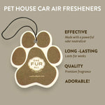 Pet house car air freshener with paw design and brand name on a beige background