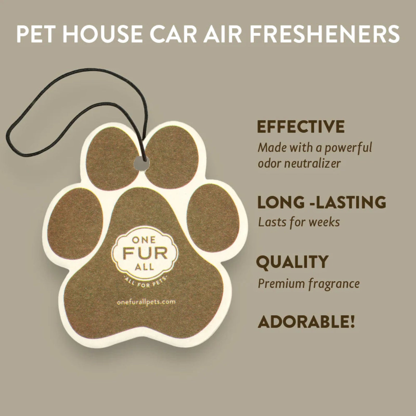 Pet house car air freshener with paw design and brand name on a beige background