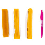 Set of yellow hair clips and a pink comb on a white background