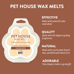 Pet house wax melts packaging with features listed on a brown background