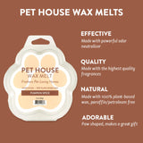 Pet house wax melts packaging with features listed on a brown background