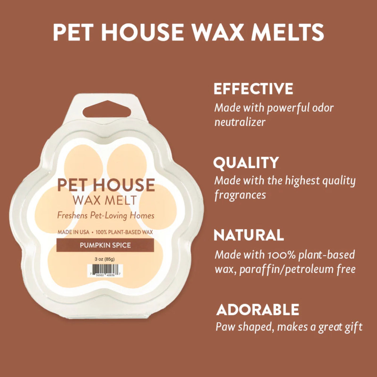 Pet house wax melts packaging with features listed on a brown background