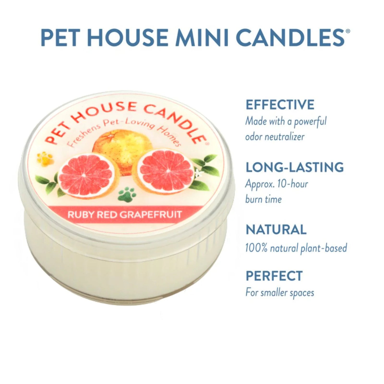 Pet House Candle Ruby Red Grapefruit with product features on a white background