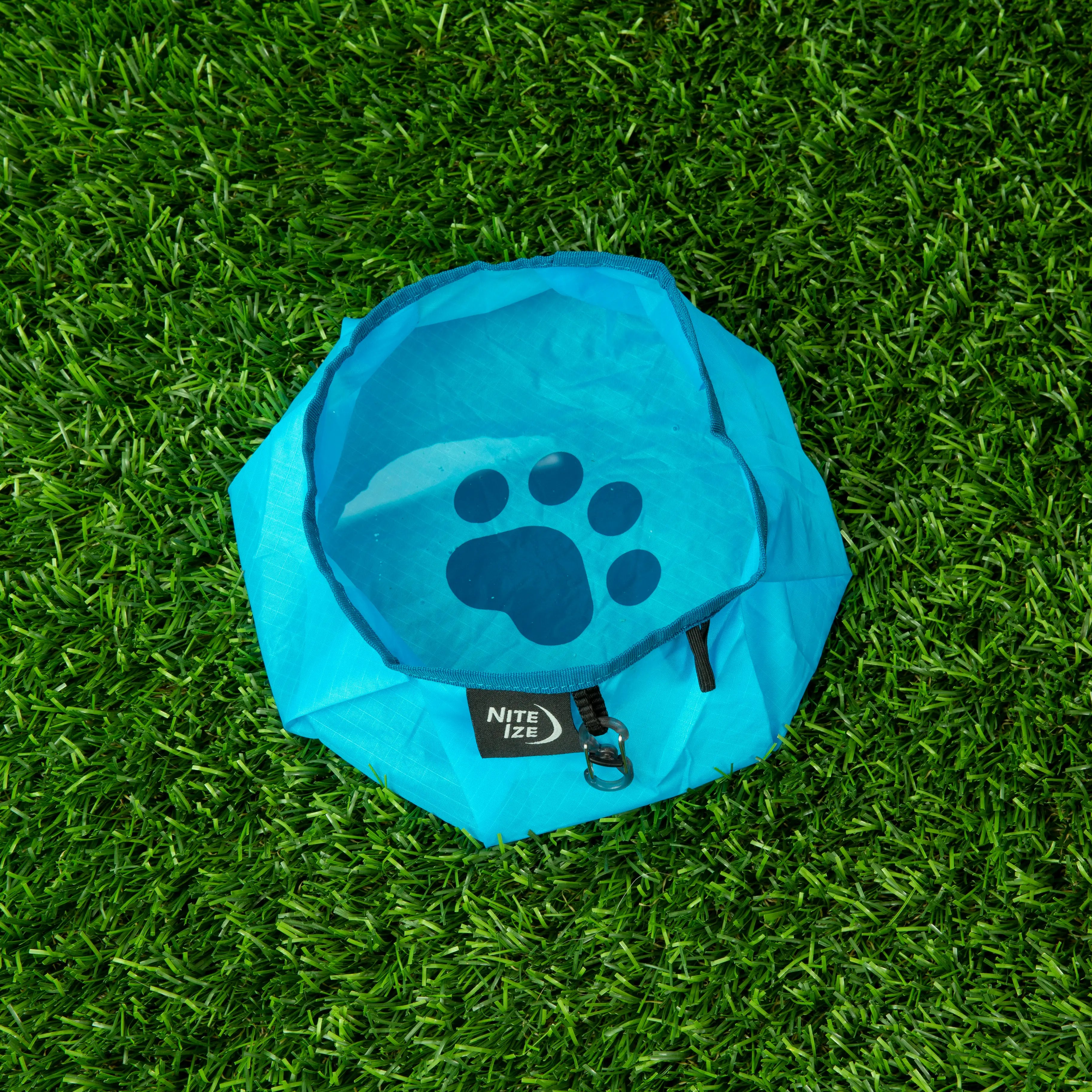 Blue pouch with a paw print on grass
