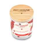 Pet House Candle with red currant design and wooden lid on a white background