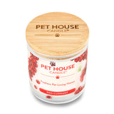 Pet House Candle with red currant design and wooden lid on a white background
