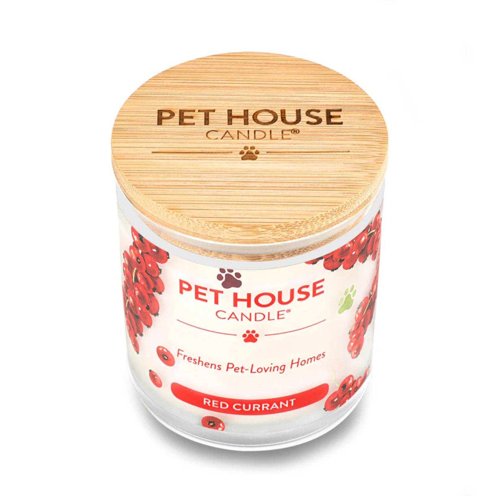 Pet House Candle with red currant design and wooden lid on a white background