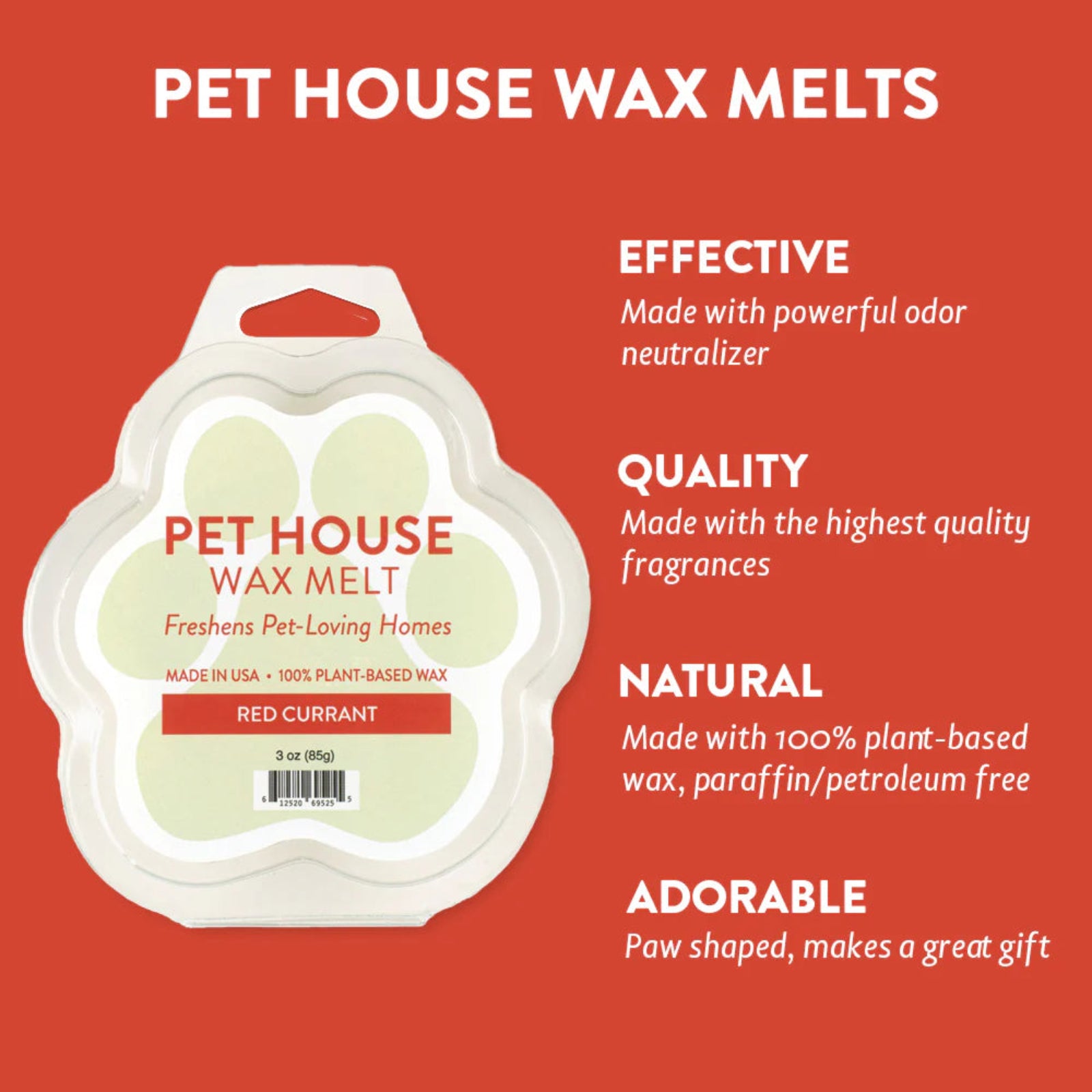 Pet House Wax Melts packaging with product details on a red background