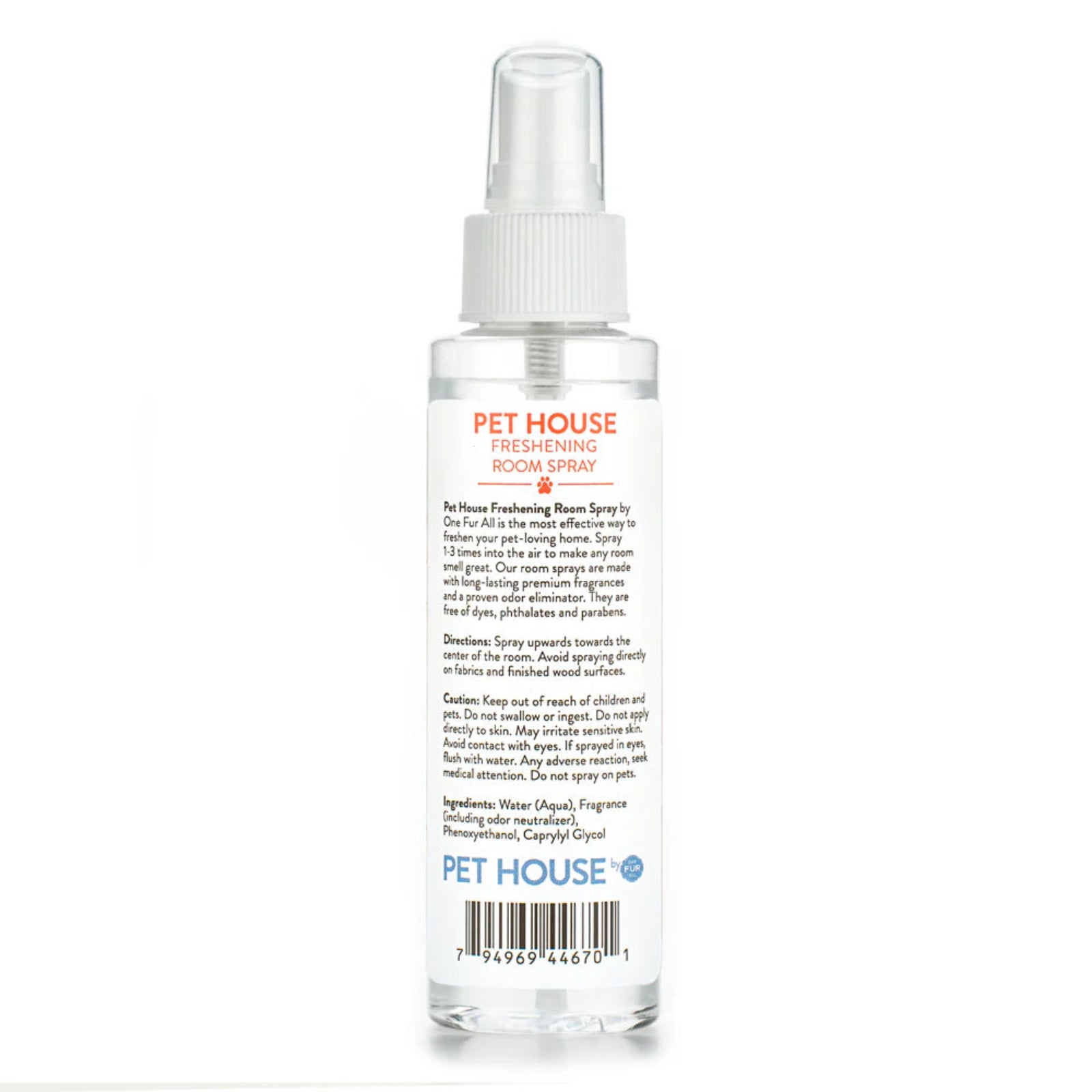 Clear spray bottle labeled 'Pet House' on a white background