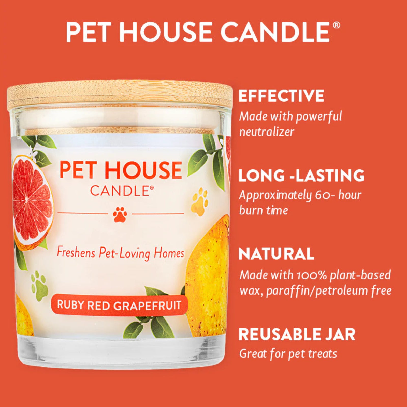 Pet House Candle jar with features on an orange background