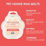 Pet House Wax Melts packaging with product details on a red background
