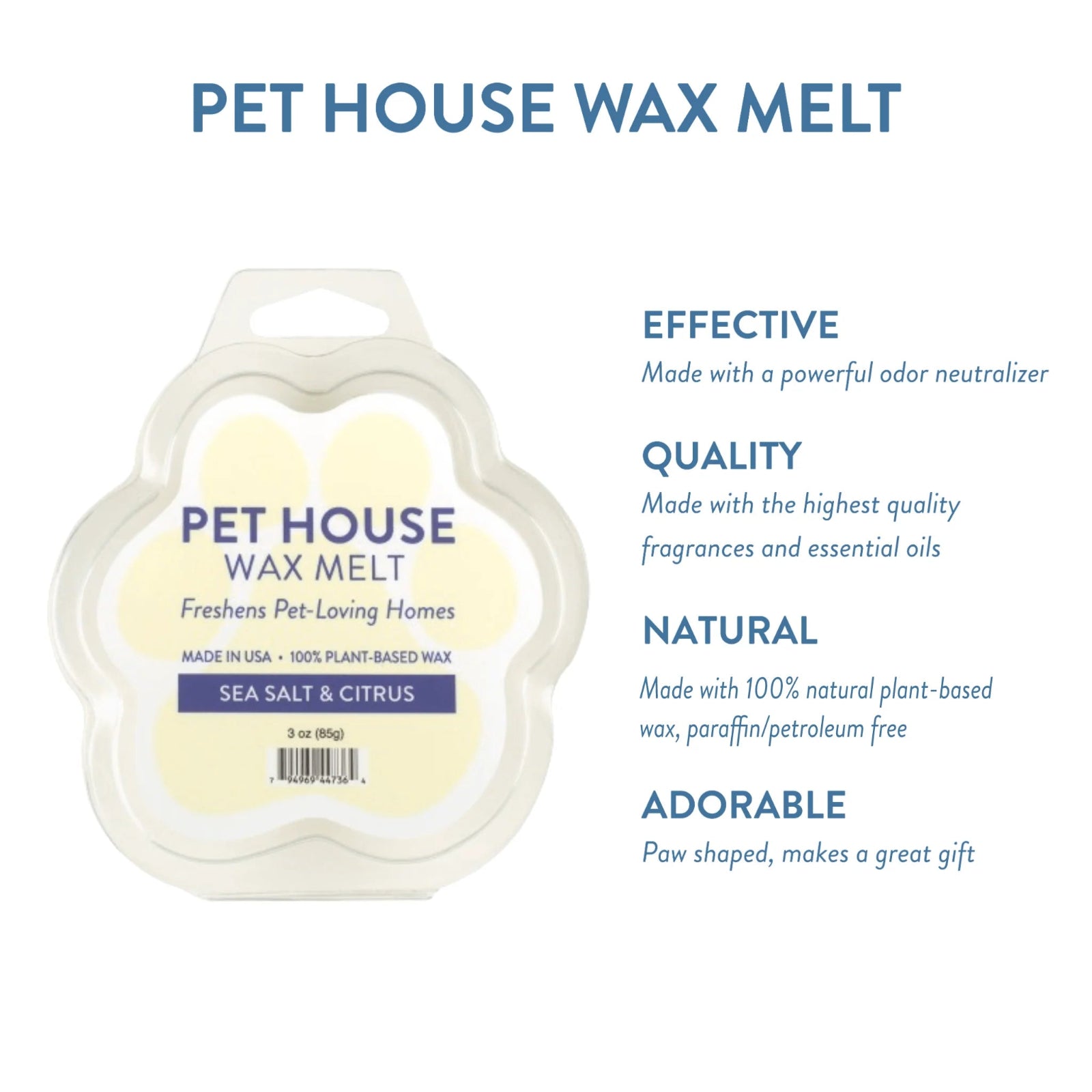 Pet House Wax Melt packaging with product details on a white background