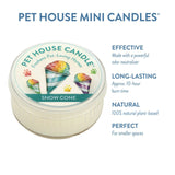 Pet House Mini Candle with snow cone flavor packaging on a white background