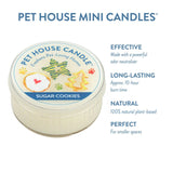 Pet House Mini Candle packaging with features listed on a white background