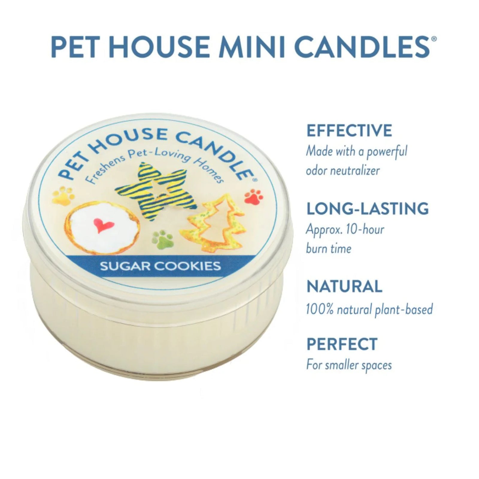 Pet House Mini Candle packaging with features listed on a white background