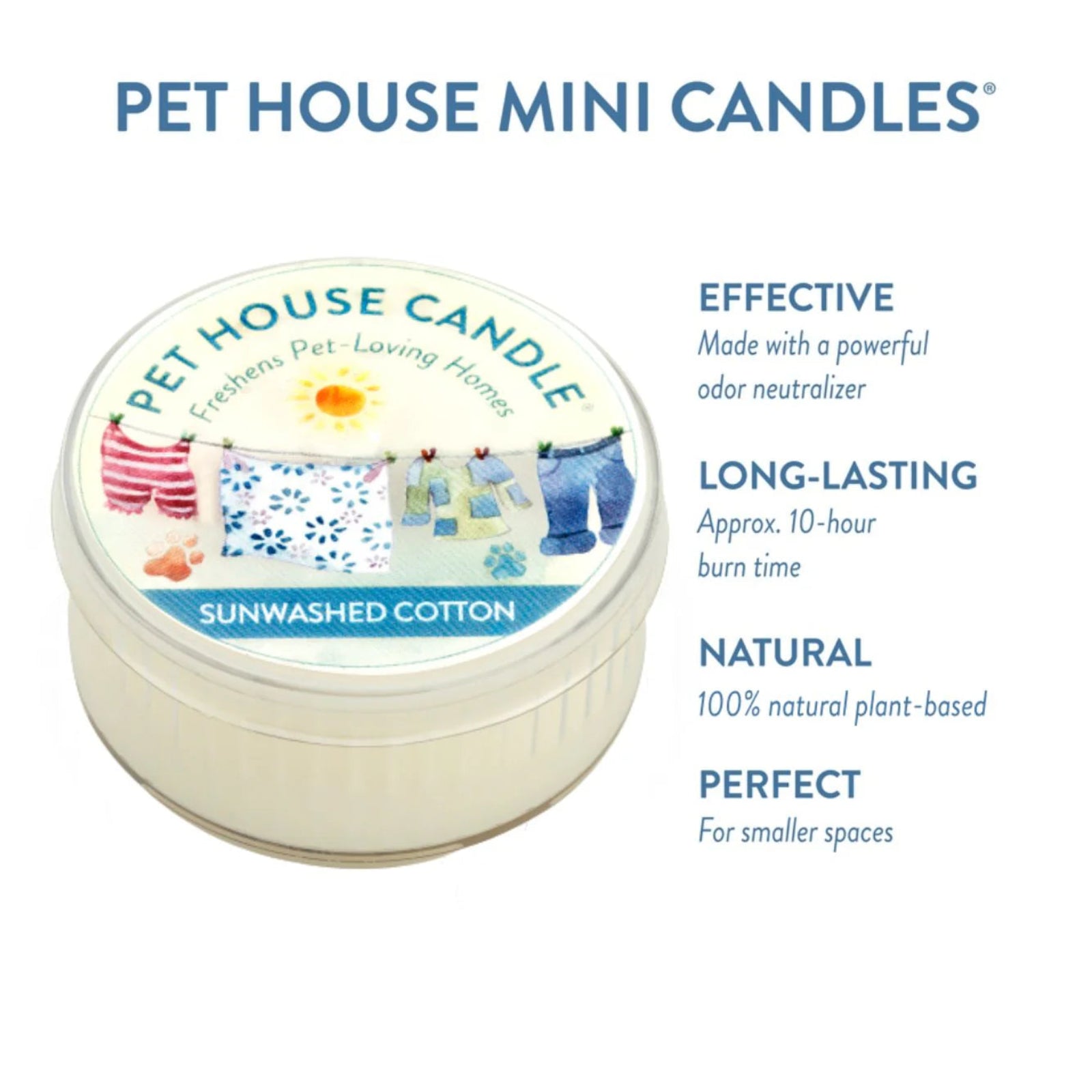 Pet House Candle in Sunwashed Cotton scent with product details on a white background