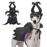 Dog and cat wearing Maleficent-themed costumes with black wings and horns on a white background.