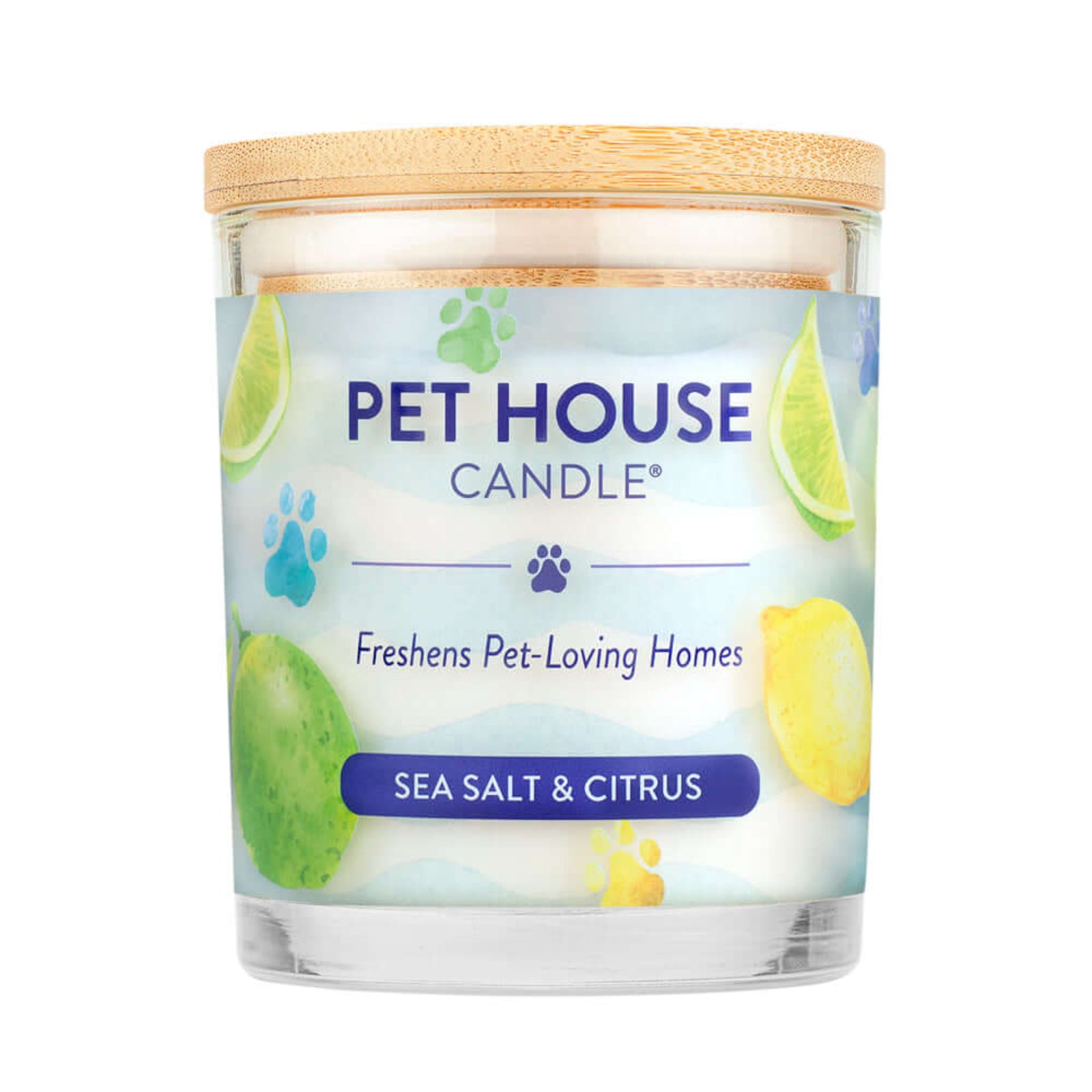 Pet House Candle with sea salt and citrus fragrance on a white background