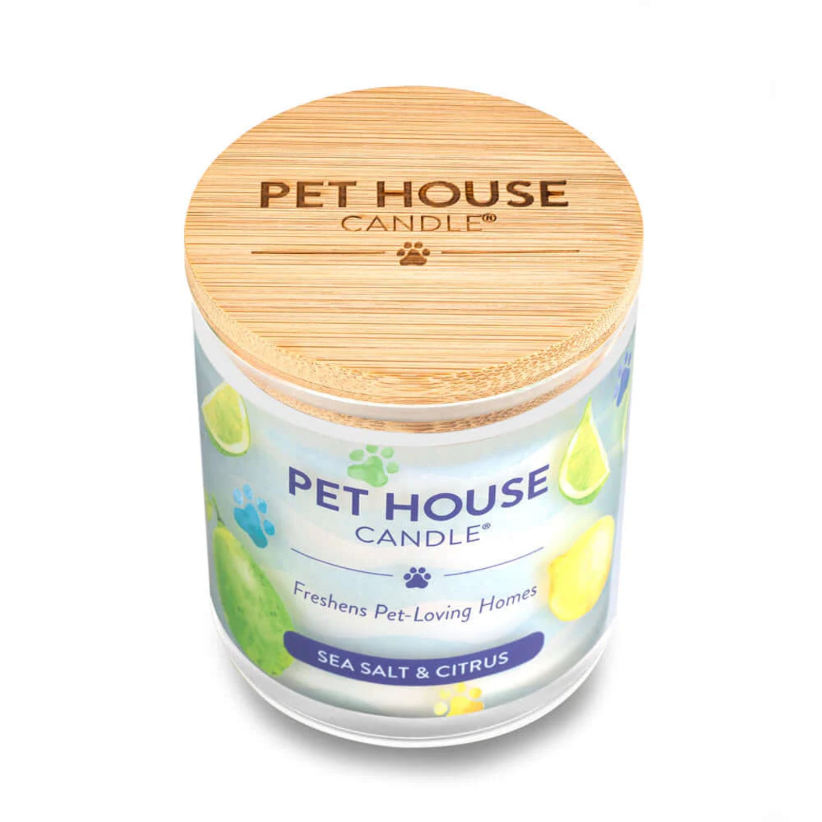 Pet House Candle with sea salt and citrus scent on a white background