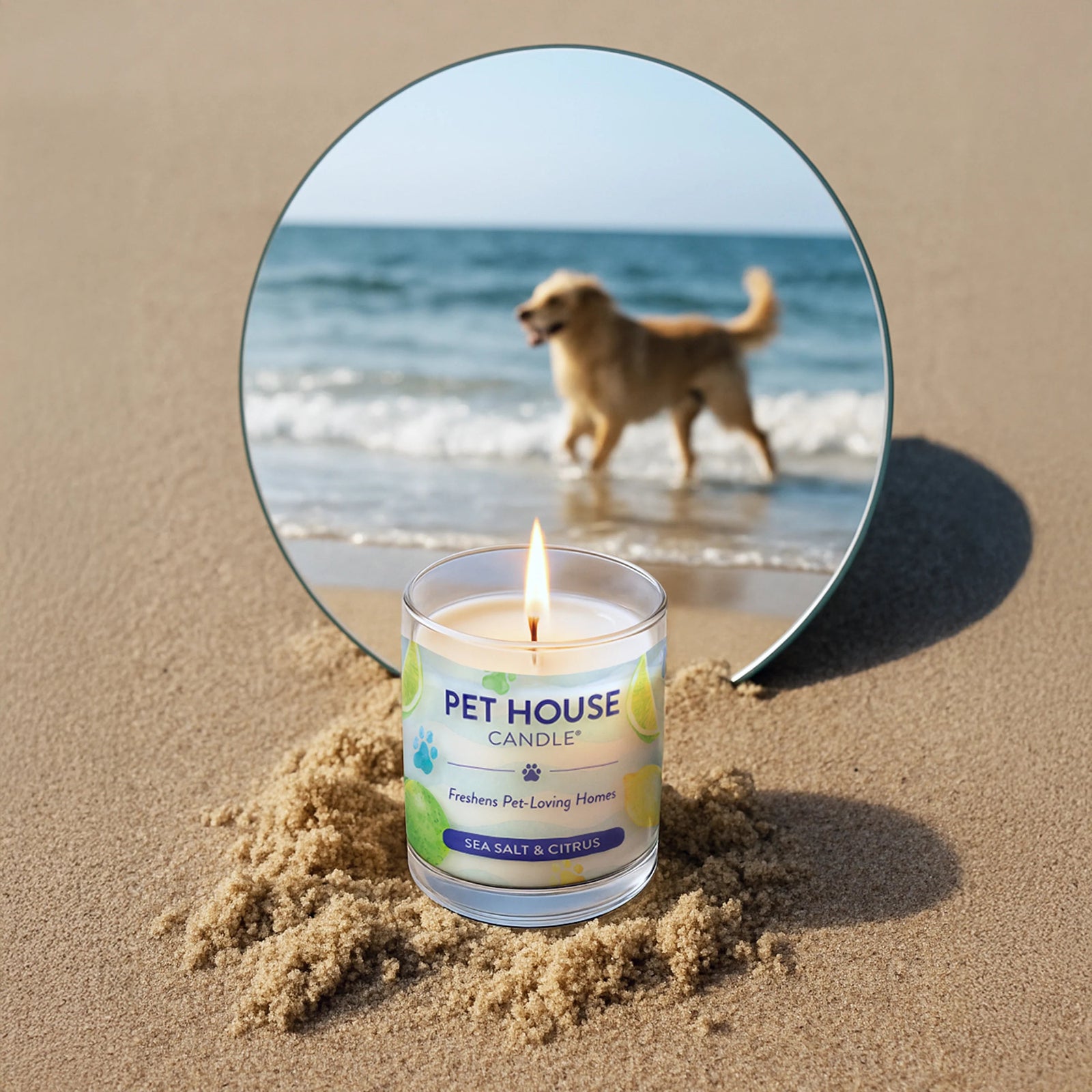 Pet House Candle on sand with a circular inset of a dog on a beach