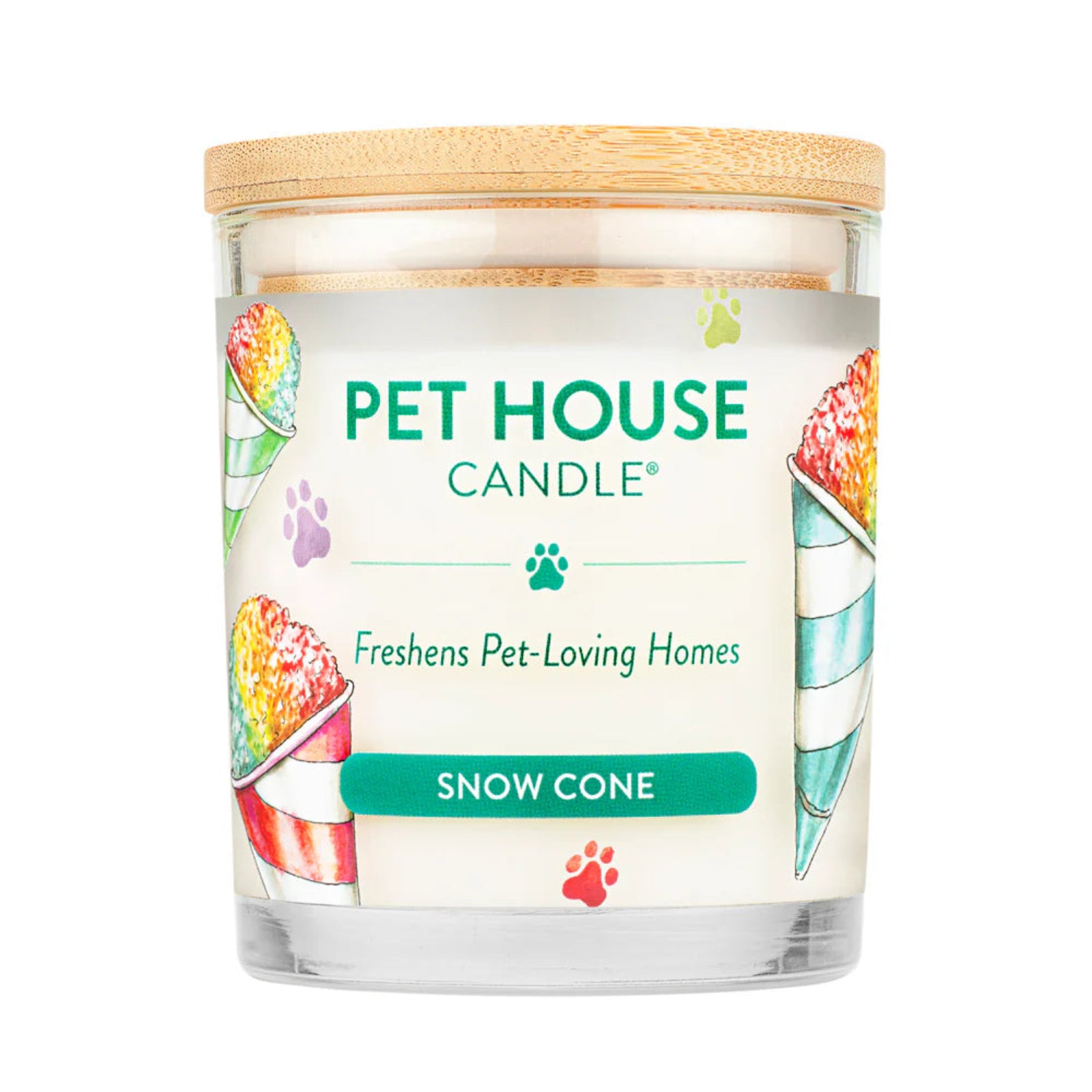 Pet House Candle with 'Snow Cone' flavor on a white background