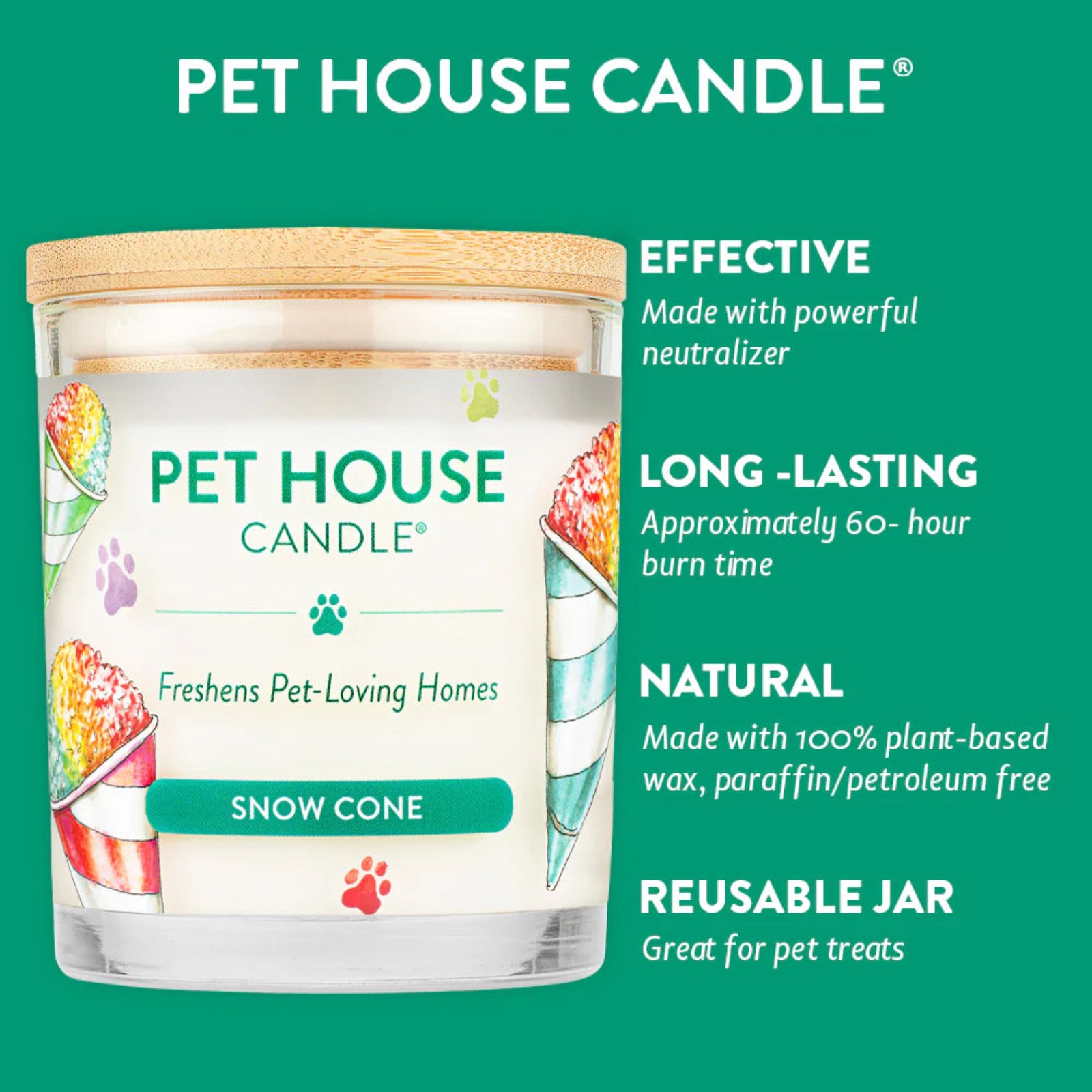Pet House Candle with features listed on a green background
