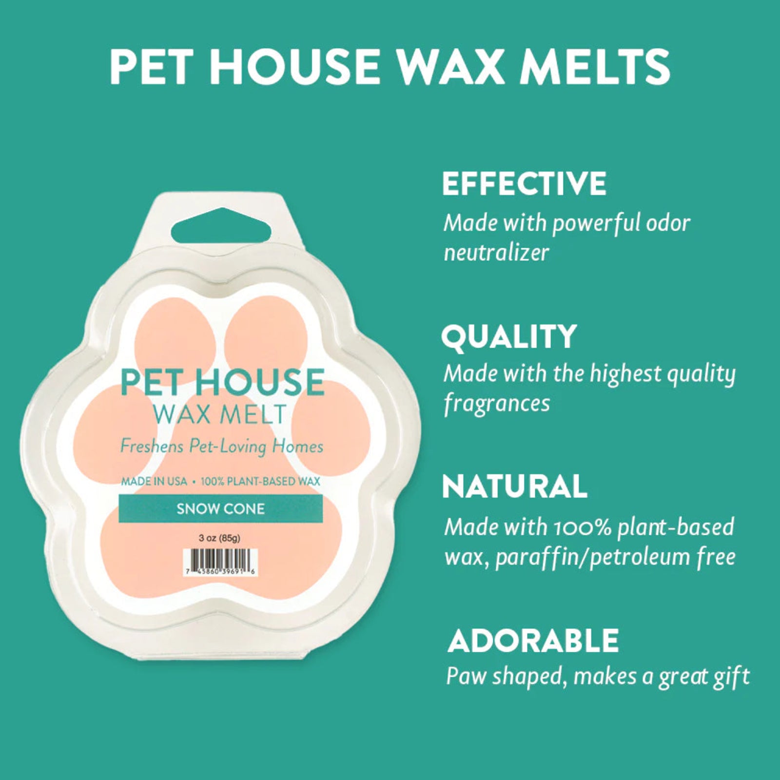 Pet house wax melts packaging with product details on a teal background